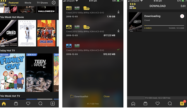 MovieBox Pro App UI on iOS